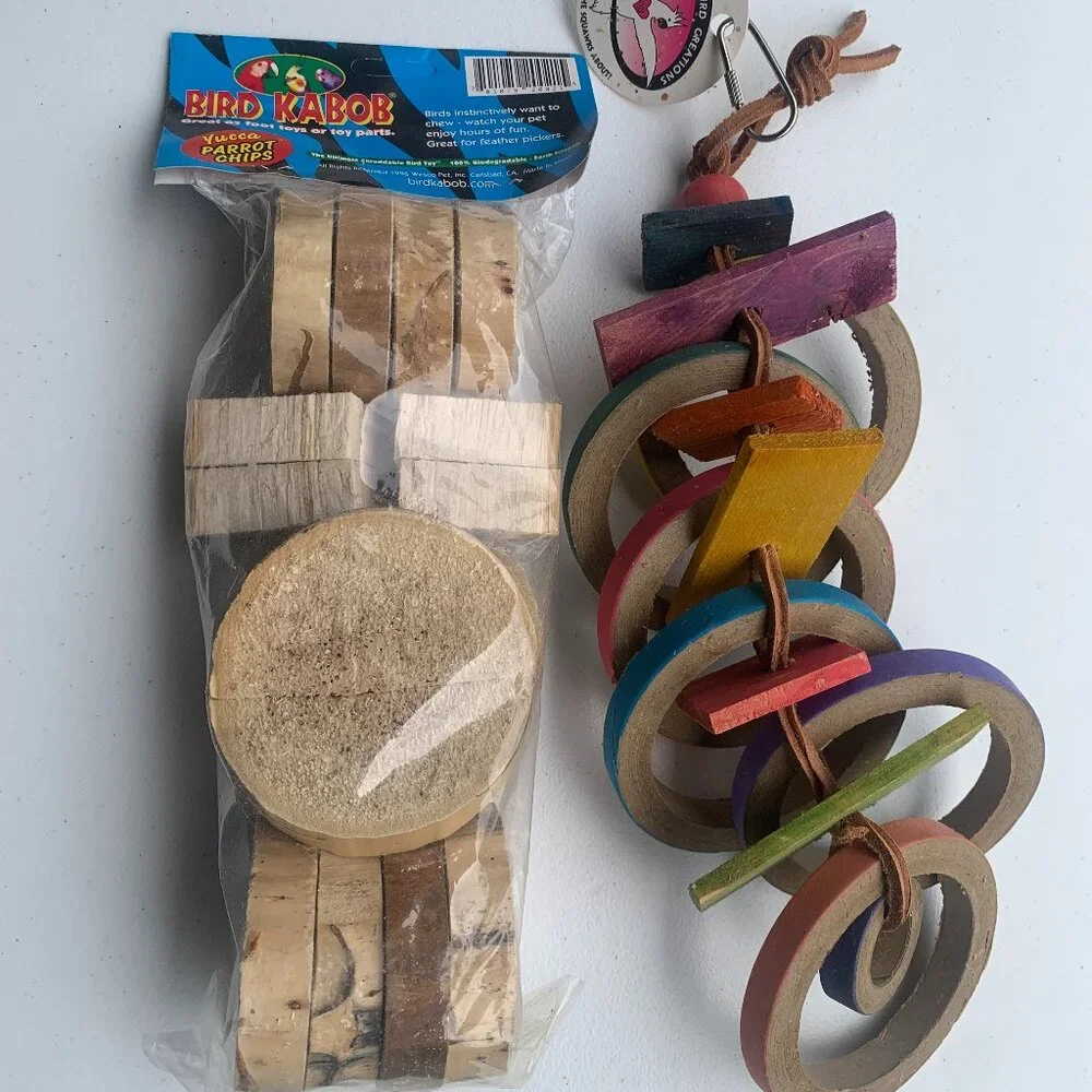 BIRD SUPPLIES - 2pc lot PARROT MACCAW, hanging cage toys, blocks, wood, shred